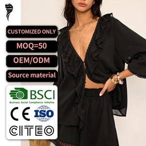 เสื้อแฟชั่นลำลองสไตล์สปริงผ้าออร์แกนซ่าสำหรับผู้หญิง ตกแต่งแบบเลเยอร์ คอวี แขนยาว โปร่งแสง รับผลิตแบบ OEM - Product Image 1