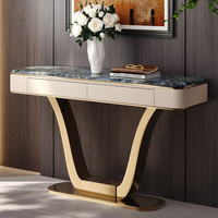 Table console moderne de luxe en marbre et métal doré, appartement, hôtel, salon, couloir, table d'entrée, meubles avec tiroir en bois