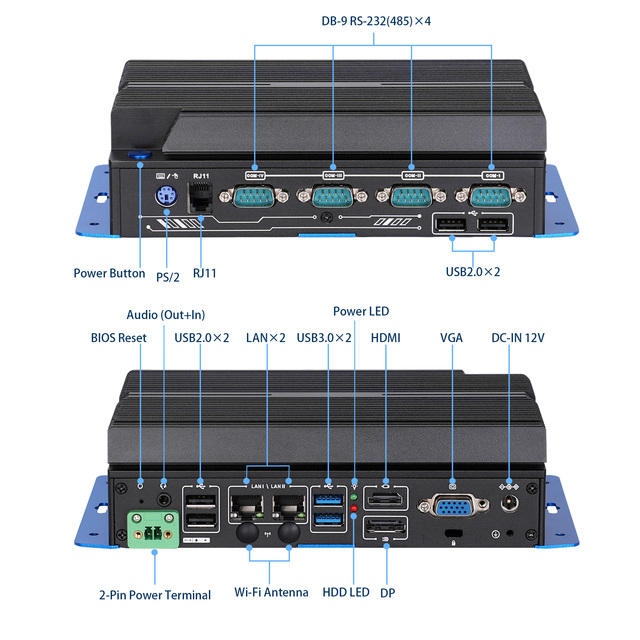 11th Gen Embedded Box PC with Pentium 7505 Dual LAN 4*COM Triple Display RJ11 PS/2 4G LTE Module TPM2.0 Windows Linux Comuputer