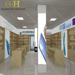 Diseño de tienda de teléfonos móviles, Mostrador de exhibición de vidrio templado personalizado, accesorio de <span class=keywords><strong>madera</strong></span> para teléfono móvil, vitrina para tienda de teléfonos - Product Image 1