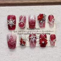 Faux ongles à presser en gros, faits main, en acrylique, forme courte, motif feu d'artifice rouge avec accents château