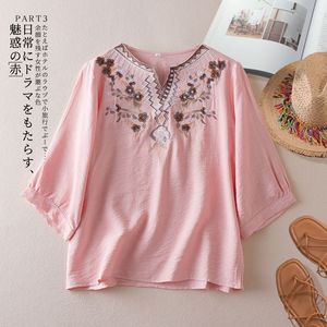 Summer Embroidered Cotton Linen Blouse Women V-Neck Loose Mid Sleeve Casual Vintage Top Blue - Product Image 3