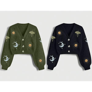 Cardigan in <span class=keywords><strong>Maglia</strong></span> <span class=keywords><strong>con</strong></span> Bottoni Ricamati da Donna Autunno Inverno Motivo Sole Luna Maniche a Lanterna Scollo a V - Product Image 1