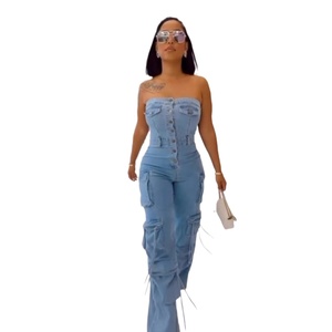 Tuta in denim sexy da <span class=keywords><strong>donna</strong></span> con top a tubino, multitasche e multibottoni, stile cowboy, per il commercio estero - Product Image 1