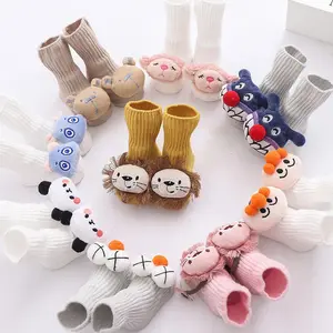 Custom Lovely baby socks 3d Animal Head socks Cute 3M Anti-slip Cotton Bear Terry Baby Socks with rattle