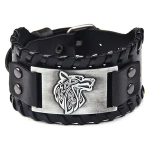 Luxury Man Viking Wolf Head Adjustable Wide Genuine Leather Bracelet Cuff