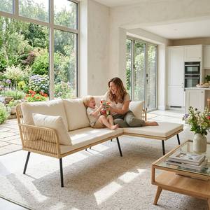 Ensemble <span class=keywords><strong>de</strong></span> canapés <span class=keywords><strong>de</strong></span> patio en rotin léger, anti-rouille, style nordique, avec pieds en métal noir et coussins amovibles, en forme <span class=keywords><strong>de</strong></span> L, pour café - Product Image 3