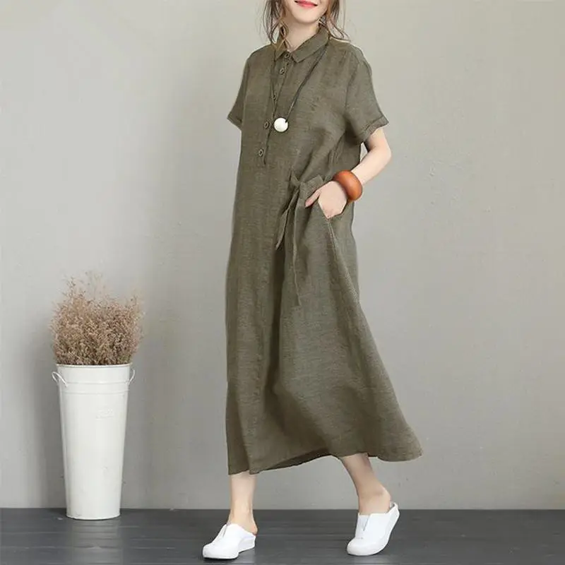KW82 and Linen Lapel Short Sleeved Loose Pocket Casual Dresses Women Long Maxi Summer Ladies Frocks Custom Logo Clothing