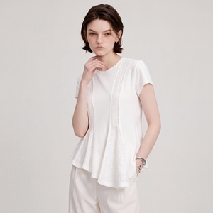 T-shirt blanc à volants pour femme, manches courtes, col rond, tricoté, coupe ample, décontracté, haut d'été avec détails en dentelle - Product Image 2
