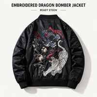 Blouson Bomber Unisexe Noir Brodé Dragon Tigre Coupe-Vent Hiver Col Montant Zippé Streetwear Style Aviateur Personnalisé OEM ODM Vente en Gros