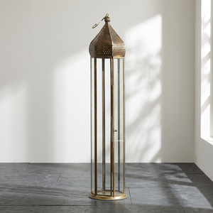 Extra Tall Moroccan <b>Lantern</b> with Antique <b>Brass</b> Finish Clear Glass Panels for Luxury Wedding Home Floor Decor - Product Image 1