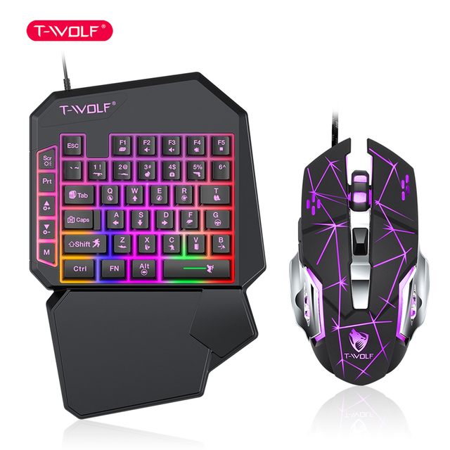 T-WOLF TF900 One-Handed Gaming Keypad and Mouse Set for Mobile Game on PC 40 Keys Compact Layout 4-Level DPI RGB Light