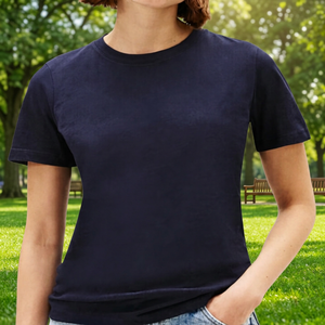 Camiseta de manga corta con cuello redondo azul marino para mujer, corte regular, 100% algodón, informal, de color sólido, transpirable. - Product Image 5