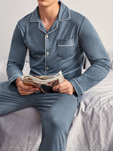 <strong>Men's</strong> Cotton Blend <strong>Pajamas</strong> Two Piece Top Pocket Long Sleeves Long Pants Home Clothes Pyjamas Pour Hommes <strong>Men's</strong> Sleepwear - Product Image 2