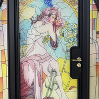 Porte d'entrée d'église en vitrail de style européen postmoderne, motif floral et oiseaux, motifs forgés à la main, sur mesure, Bamus
