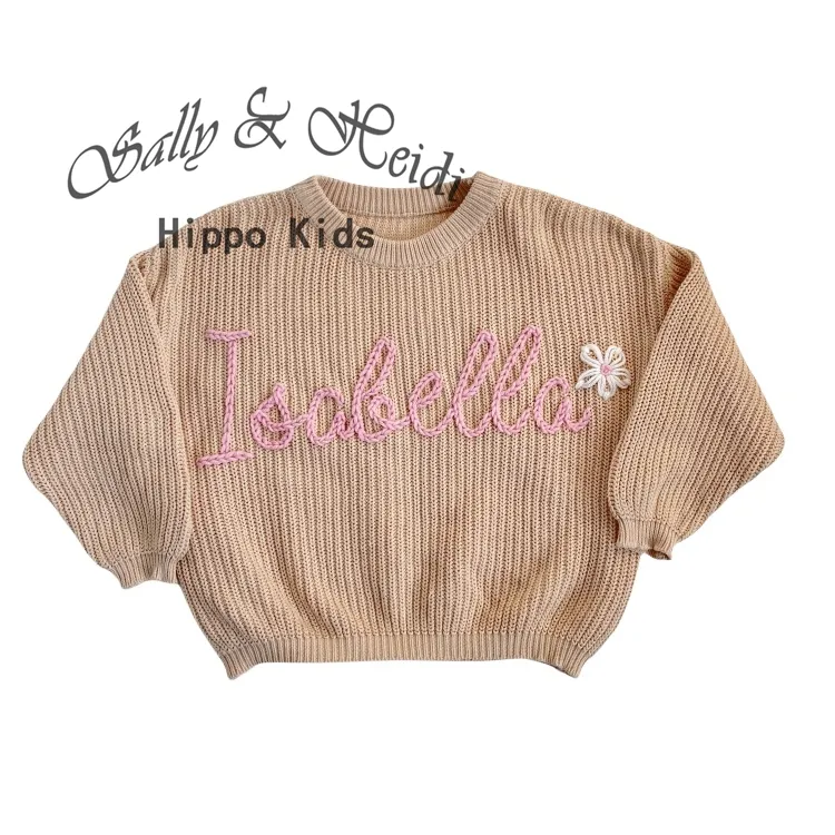 HIPPO KIDS Custom Name Sweater Baby Toddler Girls Sweaters Solid Color Baby Boy Knitted Sweater