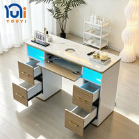 Table de manucure professionnelle en bois au design moderne avec collecteur de poussière et plateau en quartz pour salon de beauté et ongles en gel
