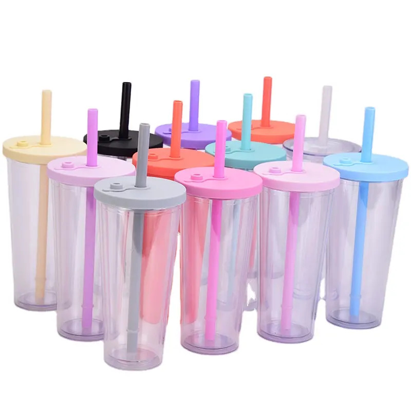 Hot selling Factory Custom Logo Multicolor 24oz Double Wall Glass Plastic Boba Bubble Tea Reusable Cup with Straw