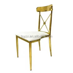 High Quality Stainless Steel Stackable White PU Leather Upholstered X- back Dining Chairs Gold Cross Back Metal Frame Banquet We