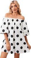 Robe courte estivale à épaules dénudées à pois, manches bouffantes, ample et fluide, robe de poupée mignonne, robe courte décontractée et ample