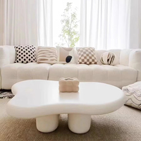Ensemble Table Basse Moderne Créatif en Fibre de Verre Blanc Crème Ondulé, Design Table Centrale en Bois pour Salon, Mobilier de Maison et Villa