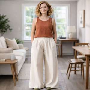 Pantaloni da Donna su Misura a Gamba Larga in <span class=keywords><strong>Lino</strong></span> Colore <span class=keywords><strong>Beige</strong></span> Abbigliamento Femminile Fornitore di Abbigliamento di Qualità - Product Image 4