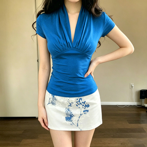 Camiseta de Verano para Mujer, Nueva, Azul, con Parches, Tejida, de Manga Corta, Cuello en V, Plisada, Ecológica, Anti-UV, Informal, para Oficina y Trabajo - Product Image 2