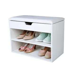 Home Living Room Entryway Furniture Storage Organizer Shoe Rack Cabinet 2 Tiers Shelves Display Wooden Shoe Bench Seat Cushion