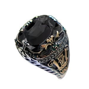 Bague de luxe pour homme en alliage de zinc, ornée de pierres précieuses, style vintage vieilli, noir et vert, forme rectangulaire, idéale pour les fêtes et les mariages - Product Image 5