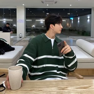 Men Casual Streetwear <strong>Jumper</strong> for Daily Wear Striped Knit Polo Sweater Half Zip Lapel Collar Loose <strong>Oversized</strong> Ribbed Pullover - Product Image 1