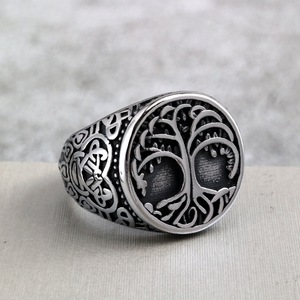 Yunnique Vintage Nordic Stainless Steel Round Geometric Men's Ring <b>Tree</b> of Life Celtic Knot Design Gift Jewelry - Product Image 2