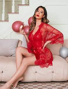 Ensemble de lingerie en dentelle 2 pièces sexy et confortable pour femmes Robe Kimono taille libre avec motif imprimé de combinaison sans manches pour la nuit - Product Image 5