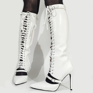 Summer Pointed Toe <b>Knee</b> <b>High</b> Boots Women Front Lace up Sandals Big Size 47 Shoes <b>High</b> Heels Cut Out Side Zipper Long Booties - Product Image 2