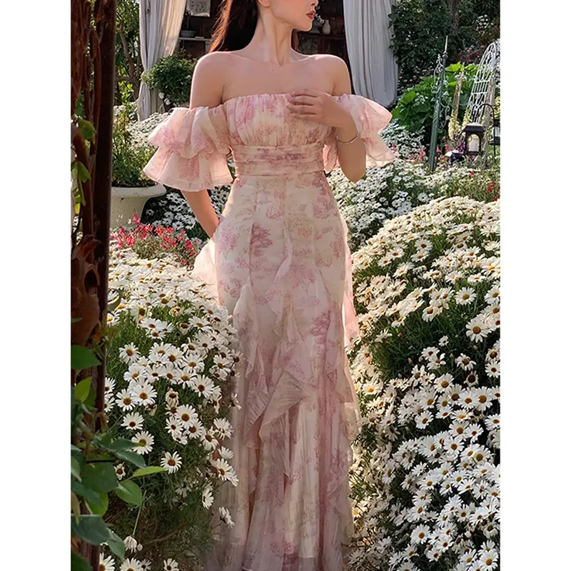 Vintage Casual Female Sexy Clothes Midi Dress Women Elegant Korean Summer 2023 New Slash Neck Fashion Evening Party Lady Vestido