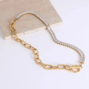 New Trendy OT Clasp Zircon Link 14 k Gold Stainless Steel Cuban Chain Choker Necklace For Women 2022