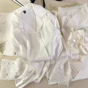 Groothandel op maat gemaakte luxe kant lange mouwen satijnen pyjama's dames 2-delig geborduurde zijden slaap- en loungekleding set OEM ODM privélabel - Product Image 2