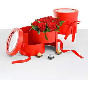 <b>Round</b> Flower <b>Box</b> 7.8 Dia X 7 Inch 2 Tier Red Stackable For Luxury Arrangements Valentine's Day - Product Image 1