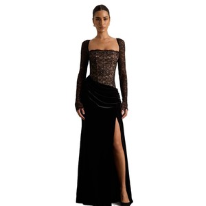 Vestido de noche de manga larga con encaje y terciopelo, abertura alta, escote cuadrado, elegante, ropa formal para mujer - Product Image 5