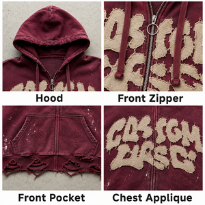 Fabricant de sweats à capuche personnalisés pour hommes, couleur bordeaux, effet délavé, ourlet brut, <span class=keywords><strong>patchwork</strong></span>, streetwear, sweat à capuche zippé en molleton épais - Product Image 4