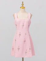 Robe courte trapèze élégante de style français pour femme, avec nœud papillon au dos, strass, col carré, sans manches