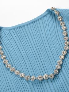 A11230 Abito Midi <span class=keywords><strong>Blu</strong></span> Senza Maniche in <span class=keywords><strong>Maglia</strong></span> da Donna 2-in-1 con Collana di Perle/Stile Basic con Cintura Elegante Casual per Feste - Product Image 3