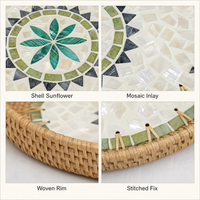 Plateau en mosaïque de coquillages en rotin fait main, décor en nacre motif tournesol, plateau de service pour fruits, vente en gros OEM, plateau de service en mosaïque