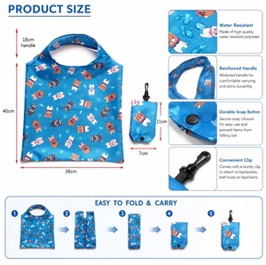 Sac de courses réutilisable avec logo personnalisé, pliable, résistant à l'eau, en polyester, imprimé de dessins animés mignons, pochette portable avec clips - Product Image 2
