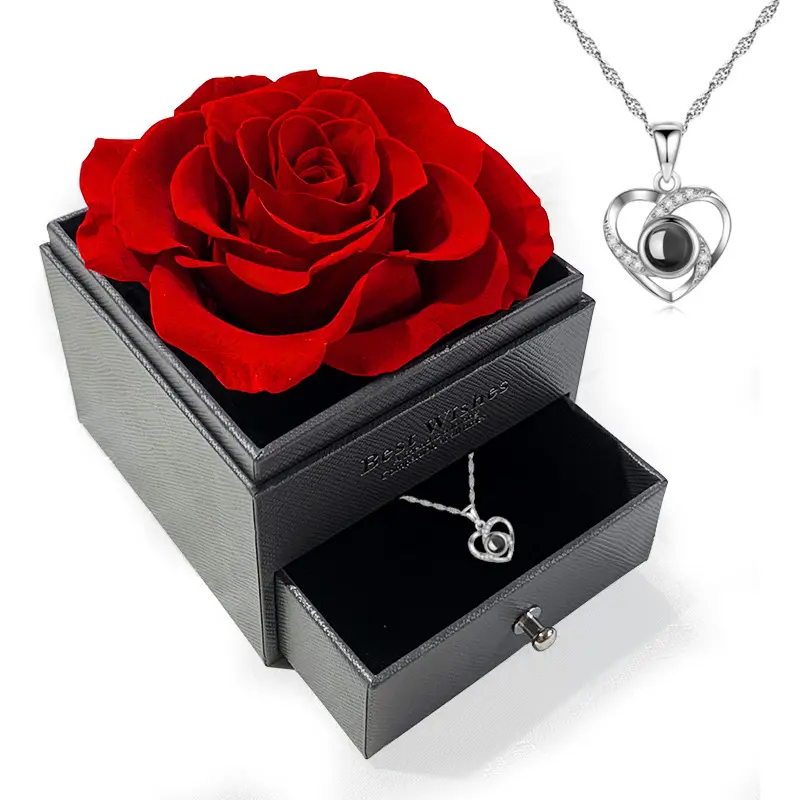 女性のための永遠のバラの贈り物、ネックレス付きの保存されたバラ、バレンタインデーのための本物の花のジュエリープレゼント