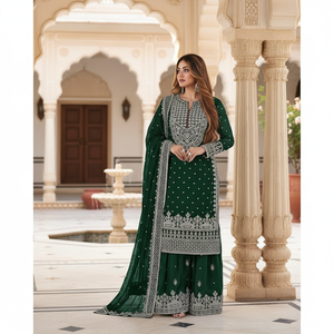 DESIGNER VINTAGE GEORGETTE EMBROIDERY SEQUENCE WORK <b>TOP</b> SHARARA with DUPATTA GREEN 100% SILK 3-Piece Set Full-Length - Product Image 3