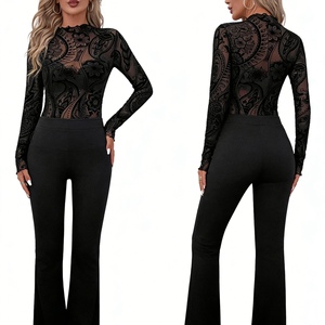 Women's Black Sheer Mesh <b>Top</b> - Long Sleeve High Neck <b>Top</b> With Velvet Paisley & Mandala Print Shirt Fashion - Product Image 6