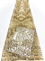 Tissu en dentelle verte perlée en gros avec sequins, tissu en dentelle fleurie avec perles et nacre pour robes de mariée et de soirée