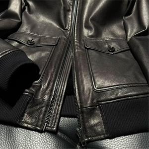Manteau en cuir pour homme, noir, en véritable peau de mouton, doublure en fourrure épaisse, style aviateur, vintage, <span class=keywords><strong>patchwork</strong></span>, pour l'automne - Product Image 3