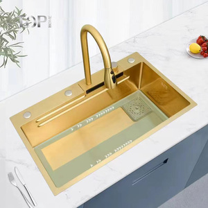 TOPHOME Offerte Imperdibili Lavello da Cucina Sottopiano a Vasca Singola in Acciaio Inossidabile con Bocca Larga, Finitura Oro, Design Cascata, Realizzato a Mano, Premium - Product Image 4