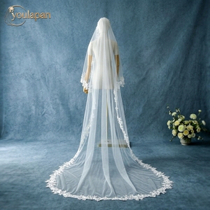 Voile de mariée YouLaPan V327 de style cathédrale luxueux, voile à traîne simple couche orné de dentelle de haute qualité, voile Mandira espagnol - Product Image 5